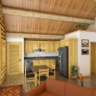 Rendering of log home kitchen with pine ceiling.