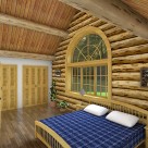 Rendering of log home bedroom with blue comforter and large arch top window.