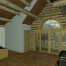 Interior rendering of log home bedroom with wood stove, french doors to balcony and round top window.