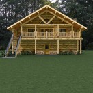 Rendering of custom log home above log garage with covered balcony and log railing.