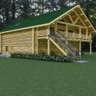 Rendering of log home above garage with private balcony and log railings