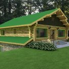 exterior log cabin with green metal roof
