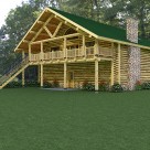 Handcrafted log garage with log home above, balcony with log truss and log railings.