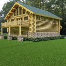 Log garage with living above and balcony with log railing.