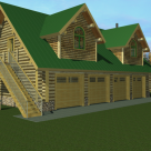 Rendering of log garage with 4 bays and log home above with green roof.