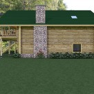 Side view of log garage with stone fireplace.