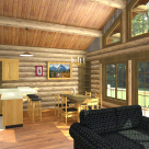 Rendering of log home living room with large windows