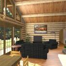 Log home living room with wood stove rendering