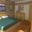 Rendering of handcrafted log home bedroom with art on the walls