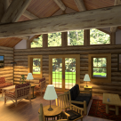 Interior rendering of log home great room with log truss supporting roof and large windows to view of forest.