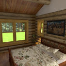 Interior rendering of custom log home bedroom with large windows viewing to forest