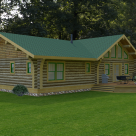 Rendering of ranch style log home with patio