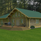 Rendering of ranch style log home with large windows and patio.