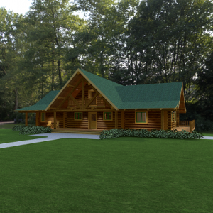 exterior of log home with green metal roof