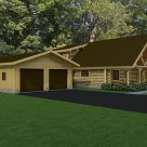 Rendering of 2 car garage attached to custom log home with diamond truss at entry
