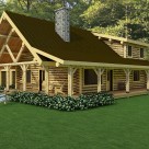 Rendering of Scandinavian full scribed log home with chimney and covered porches