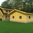 Rendering of garage with board and batton siding with custom log home attached.