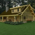 Rendering of log home with log gable end, shed dormer and covered porch