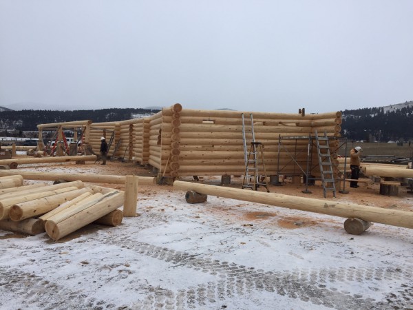 Employees scan the log bunks to select the right log for the next course in building this handcrafted log home.