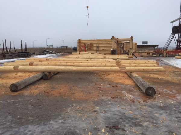 Hidden notches were handscibed and carved into these log floor joists. They are ready to be installed in this handcrafted log shell.