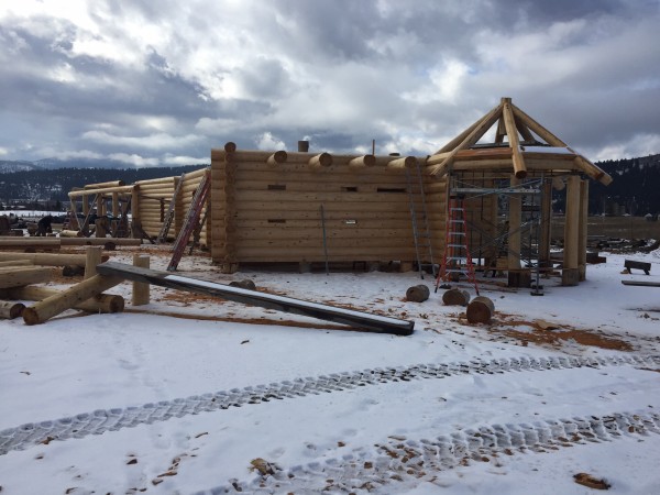 Handcrafted log home under construction in our Kalispell yard.