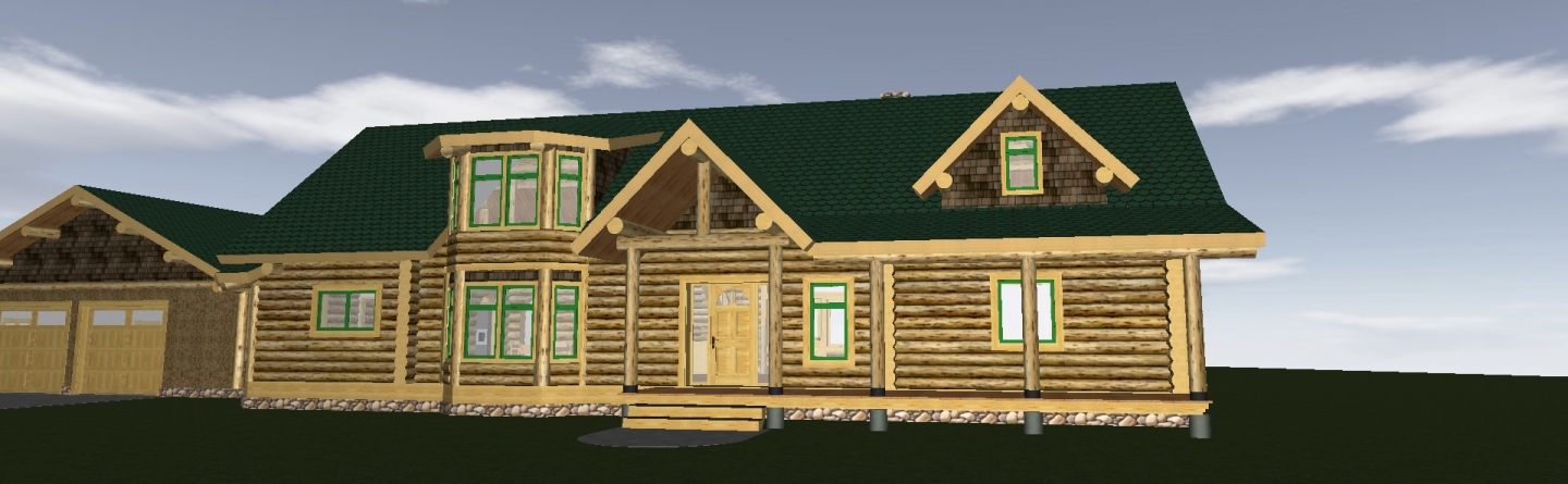 Log home rendering with two story bay window.