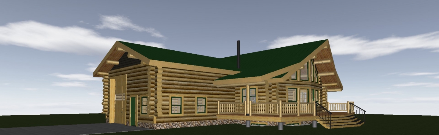 Rendering of a log home with a prow and attached garage.